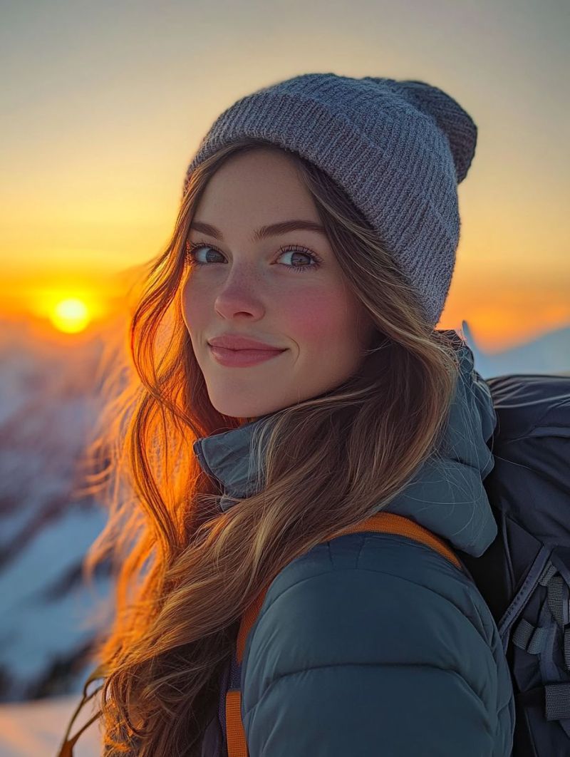 Coucher soleil montagne neige femme aventure randonnee voyage nature ciel sac dos veste chapeau cheveux sourire visage oeil Une femme aux longs cheveux blonds ondulés se tient dans un paysage enneigé, souriant et regardant vers la droite. Elle porte un bonnet gris, une veste matelassée bleue et un sac à dos. Le soleil se couche en arrière-plan, projetant une lueur chaude sur son visage et la neige environnante. Le ciel est un mélange de teintes orange et roses, indiquant la fin de la journée.