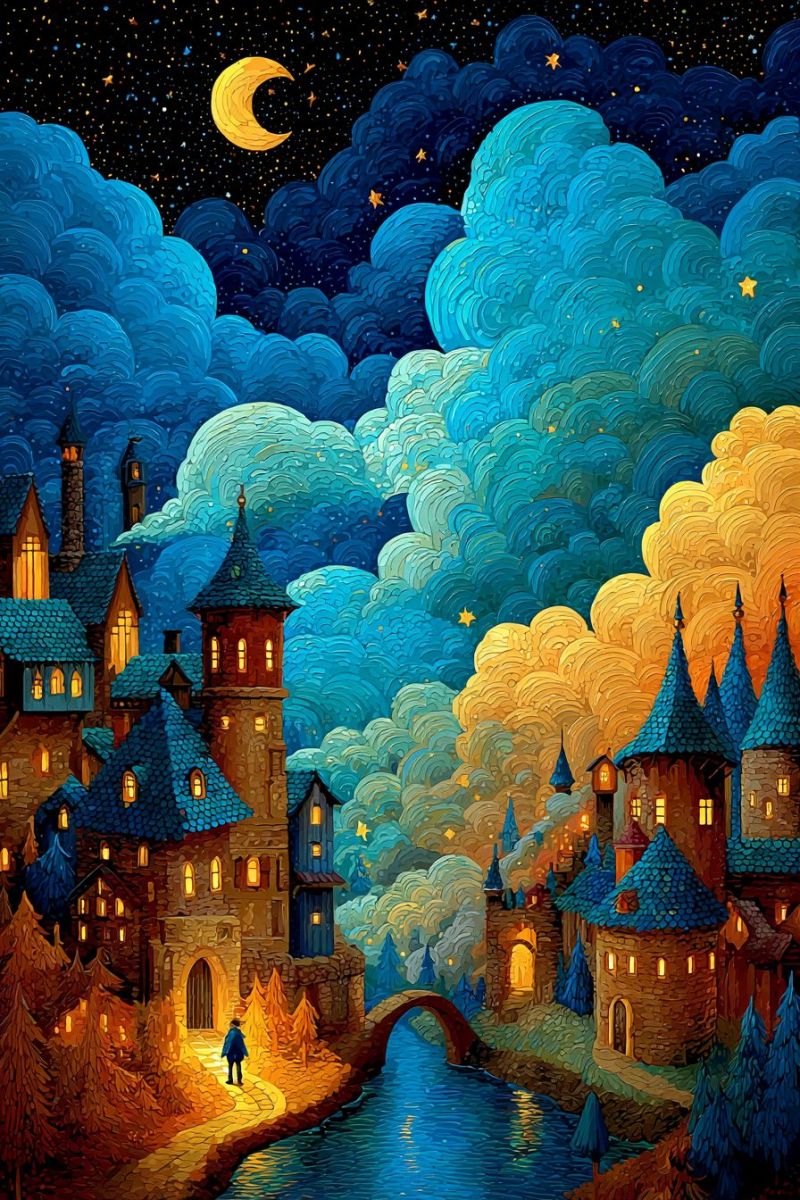Chateau nuit fantaisie pont eau ville ciel lune etoiles nuages arbres route architecture imagination La peinture représente une scène sereine de nuit avec un croissant de lune et des étoiles dans un ciel bleu profond rempli de nuages tourbillonnants. Le ciel passe du bleu foncé à des nuances plus claires de bleu et de jaune. Une rivière sinueuse coule au premier plan, reflétant les lumières des bâtiments. De chaque côté de la rivière, il y a des maisons pittoresques, de style conte de fées, avec des toits bleus et des fenêtres chaudes et lumineuses. Une personne portant un chapeau et un manteau marche le long d'un chemin menant à un pont qui enjambe la rivière. Les bâtiments sont entourés d'arbres, et l'atmosphère générale est magique et paisible.