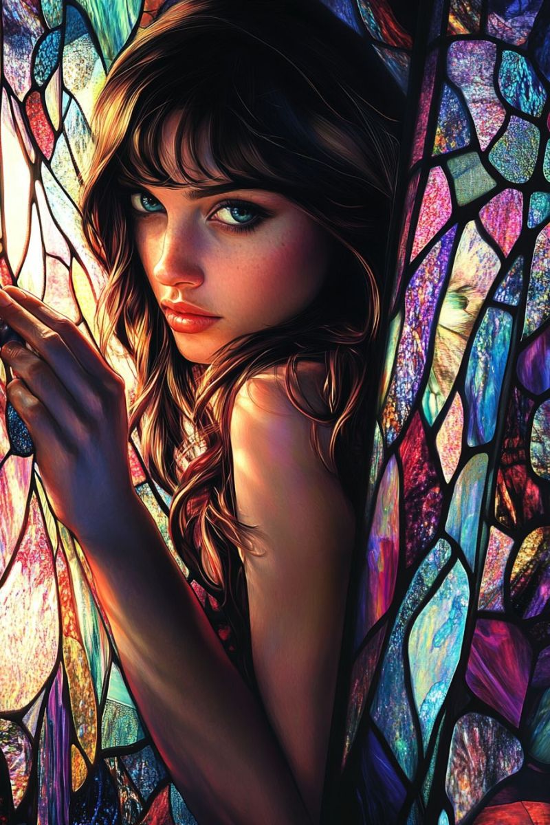 Femme fantastique vitraux peints fille moderne coloree belle detaillee realiste murale design graphique Une représentation artistique stylisée d'une femme aux cheveux longs. Elle émerge de derrière un panneau de verre coloré taillé avec des motifs colorés. Son regard est dirigé vers l'horizon avec une expression pensante sur le visage. La main droite tient quelque chose qui semble être un petit objet délicat dans son palais ouvert. Le fond est composé d'intricatés modèles et formes qui donnent l'impression d'un effet de verre coloré.