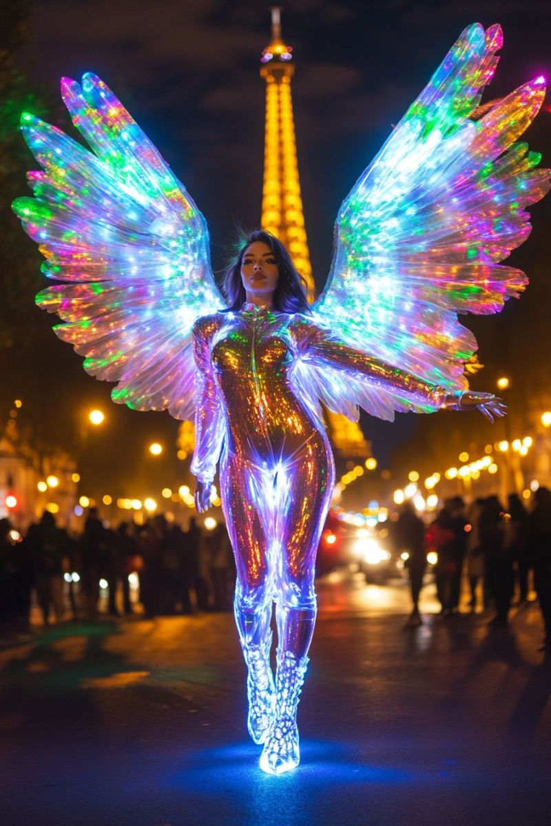 Costume ange ailes allumees neon lumineux spectacle rue tour eiffel paris ambiance nocturne urbaine eclaire performeuse feminine evenement Costume ange ailes allumees neon lumineux spectacle rue tour eiffel paris ambiance nocturne urbaine eclaire performeuse feminine evenement