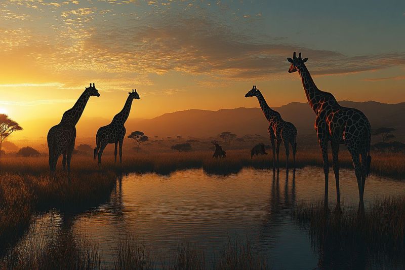 Sunset safari parc source eau puits girafes soleil haut arbres faune afrique coucher troupeau naturel habitat soiree paix tourisme destination ciel L'œuvre d'art est animée et colorée, avec une femme aux yeux fermés, semblablement perdue dans ses pensées ou peut-être submergée par la vague de peinture qui l'entoure. Les couleurs dominantes sont le rouge, le jaune et le bleu, qui constituent les éléments principaux d'un palette classique. Le fond est sombre, ce qui lui donne un contraste qui met en valeur la figure centrale. La face de la femme est partiellement cachée derrière ce qu'il semble être des éclats ou des gouttes de peinture multicolore, suggérant une thématique artistique ou créative. Elle a des cheveux longs et foncés, ainsi que de la peau claire. Le style de l'œuvre d'art semble mélanger le portrait réaliste avec les éléments abstraits, créant un effet visuel remarquablement frappant et dynamique. Traduction : Je vous propose une traduction du texte fourni en français : L'œuvre d'art est animée et colorée, avec une femme aux yeux fermés. Elle semble être perdue dans ses pensées ou submergée par la vague de peinture qui l'entoure. Les couleurs dominantes sont le rouge, le jaune et le bleu, ce qui correspond au style classique. Le fond est sombre et met en valeur la figure centrale. La face de la femme est partie intégrante des éclats ou gouttes multicolore de peinture qui l'entoure. Elle a les cheveux foncés et une peau claire. Le style de l'œuvre d'art combine le réalisme du portrait avec les éléments abstraits pour créer un effet visuel remarquablement frappant et dynamique. J'ai gardé les termes 'partiellement cachée', 'multicolore', 'éclats' ou 'gouttes' pour conserver l'originalité et la poésie du texte.