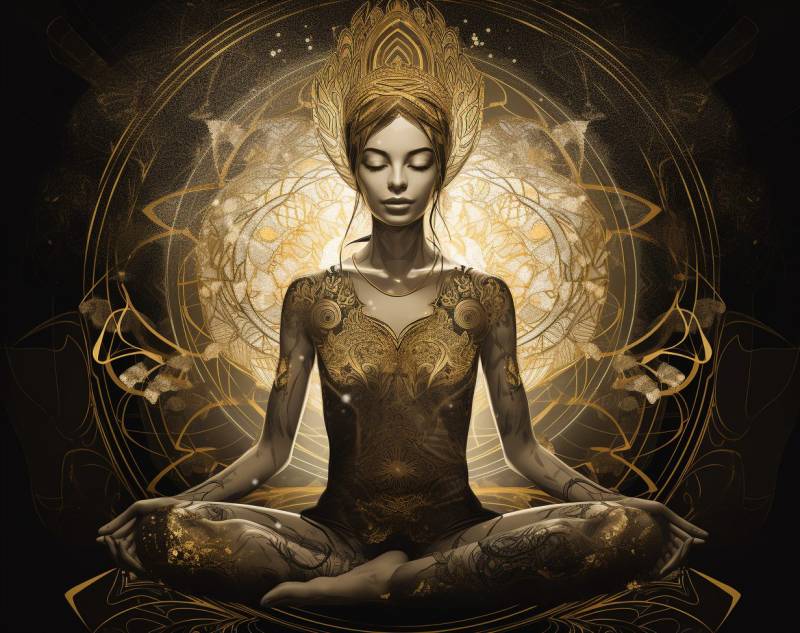 Gold illustration woman lotus position sty magnifique photographie surprennante incluant l'état sauvage du rechauffement climatique sur la gold illustration woman lotus position sty