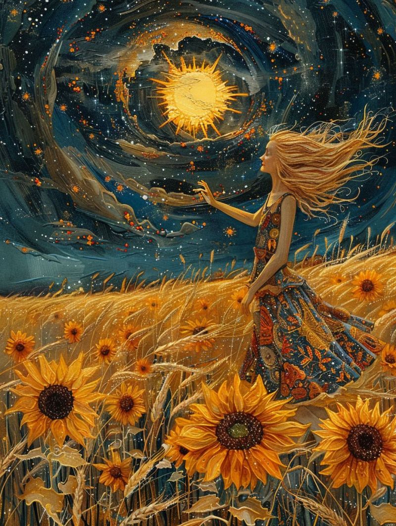 Fantaisie surreel science fiction femme champ tulipes ciel nocturne cosmique realisme magique nuit etoilee decor futuriste couverture L'oeuvre d'art est stylisée et vibrante. Au centre de la composition, une jeune femme aux cheveux longs se tient debout dans un champ de plantes hautes jaunes qui arrivent jusqu'à sa taille. Elle semble tendre le bras vers un grand soleil éclairé qui est positionné directement derrière elle. Elle a levé une main pour toucher ou appeler l'espace, comme si elle était sur le point de la saisir. Son habillement suggère un cadre détendu et relaxant, avec des éléments naturels tels que des fleurs et des plantes qui l'entourent. Le fond de l'image présente un ciel étoilé nocturne avec des nuages en mélée, ce qui ajoute une profondeur et une merveilleuse cosmique à la scène. La lumière dans l'image est douce et ambiant, ce qui contribue à créer une atmosphère autremondaine ou ethérée. L'oeuvre d'art semble transmettre des thèmes de connexion avec la nature et pourrait symboliser l'idée de tirer parti de l'énergie naturelle ou du pouvoir du soleil. Elle pourrait être interprétée comme une représentation de l'intéraction entre l'humanité et le monde naturel, ou elle pourrait simplement être un bel morceau d'art inspiré par la fantasy.