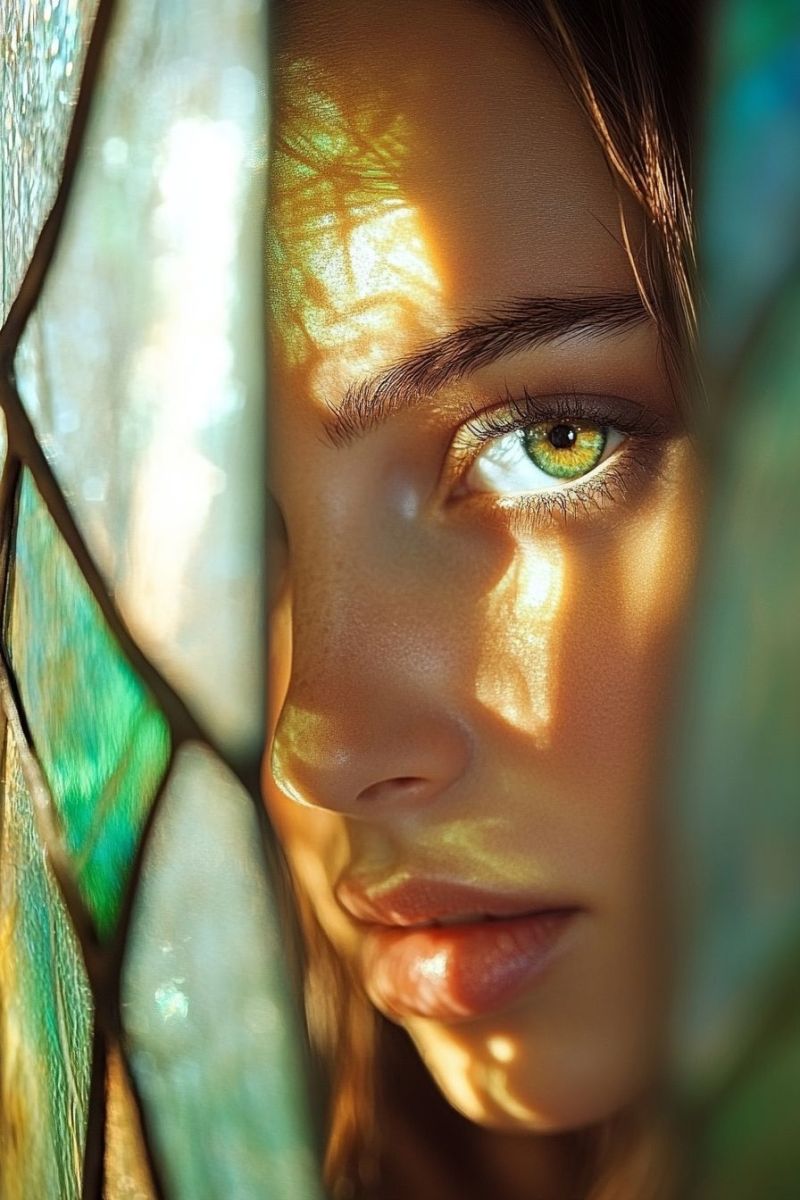 Femme soleil fenetre vert maquillage verre ombrage reflexion beaute yeux visage cheveux peau captivant reflechi paisible instant immobilite emotion L'image représente une vue panoramique d'un paysage urbain pendant le lever ou le coucher du soleil. Le ciel est gradient, avec des nuances d'orange et de jaune près du horizon qui se transitionnent progressivement à un bleu doux au sommet. La lumière du soleil pénètre à travers les nuages et crée une lueur chaude sur les bâtiments en dessous. Un élément prominent au centre représente l'ombrage de la silhouette du soleil partiellement caché par les nuages, ce qui crée un effet croissant ou effondrement partiel sur la surface en dessous. La ville apparaît relativement plate avec une densité de modèles de bâtiments variés à hauteurs et conceptions indicatives d'un environnement urbain. Il n'y a aucune texte visible ni marques distinctives pour identifier les emplacements spécifiques ou fournir un contexte supplémentaire. Le style de l'image est réaliste, en capturant le jeu de lumière et d'ombre typique des conditions atmosphériques telles que celles décrites.