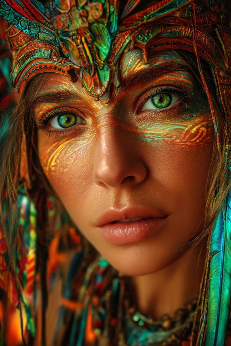 Tribal couvre chef plumes bijoux collier boucles oreilles perles maquillage mode beaute ethnique culturel rituel ceremonie tradition faciale yeux vert Une femme aux yeux verts saisissants est parée d'un maquillage facial vibrant et coloré. Son visage est peint de motifs complexes dans des nuances d'or, de rouge et de bleu, créant un motif fascinant. Elle porte un couvre-chef qui complète le maquillage facial, avec des plumes et des perles. Ses lèvres sont peintes dans une couleur assortie, rehaussant son apparence générale. Les cheveux de la femme sont coiffés en vagues lâches, et elle porte un collier avec des perles colorées. L'image capture une vue rapprochée de son visage, mettant en évidence la nature détaillée et artistique du maquillage facial.