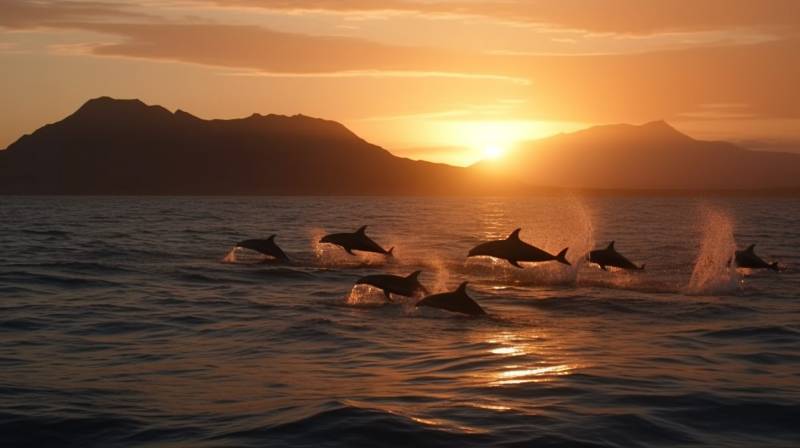 Group dolphins jumping out sea volcano roc accurate shot astonishing showing the state of wild of global warming on la group dolphins jumping out sea volcano roc