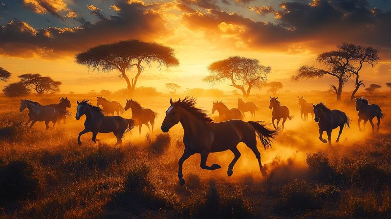 Coucher soleil chevaux herd plains africains safari faune galop heure nuages soir course herbe brune eleve nature naturel L'image présente une photographie de paysage montrant une région montagneuse avec des sommets enneigés à l'arrière-plan. Il y a un point d'intérêt marqué au premier plan qui ressemble à une piste de ski ou à une traînée de ski, marquée par une série de lignes parallèles. La topographie semble être pentue et rocheuse avec des taches de gazon ou de faible végétation, ce qui suggère qu'il pourrait s'agir d'une zone naturelle plutôt qu'un domaine skiable aménagé. En bas de l'image, il y a une structure ou un chemin qui a été trahi ou marqué par la neige, créant un modèle linéaire qui se démarque des paysages naturels. Le ciel est nuageux avec des nuages, et il n'y a aucun activité humaine visible sauf le chemin trahi. L'impression générale est celle d'un destination de sports d'hiver ou possible une zone reculée fréquentée par les randonneurs.