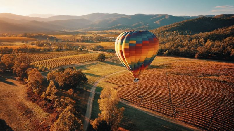 Montagnes ciel vignobles campagne champs arbres chemin nature coucher soleil vol aventure voyage tourisme air chaud ballon aerien Un montgolfière vibrante avec un motif multicolore flotte gracieusement au-dessus d'un vaste champ ouvert. Le champ est entouré de rangées d'arbres et de buissons, créant un paysage pittoresque. Au loin, une série de collines et de montagnes sont visibles, avec le ciel passant d'un bleu clair à un doux éclat chaud à l'approche de l'horizon. La scène est baignée dans la lumière dorée du soleil couchant, projetant une atmosphère chaleureuse et sereine sur l'ensemble de l'image.