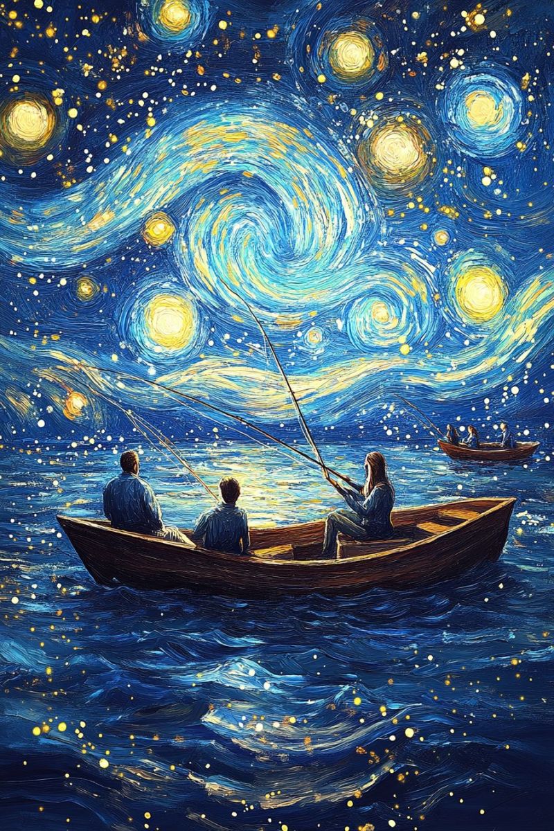 Ciel nocturne nuit etoileee van gogh plages sous poster etoile tournent interpretation ondulants Dans l'image, il y a un paysage apaisant d'un couple dans une barque sous le ciel étoilé. La femme est assise à la proue de la barque, tenant une rame, tandis que le homme se tient à l'arrière, dirigeant le bateau. Ils sont tous les deux regardant vers l'étendue vaste de l'eau qui les entoure. Au-dessus d'eux, le ciel nocturne tourbillonne de étoiles et la galaxie du Milieu est visiblement visible. Le couple semble profiter d'une soirée paisible ensemble sur l'eau.