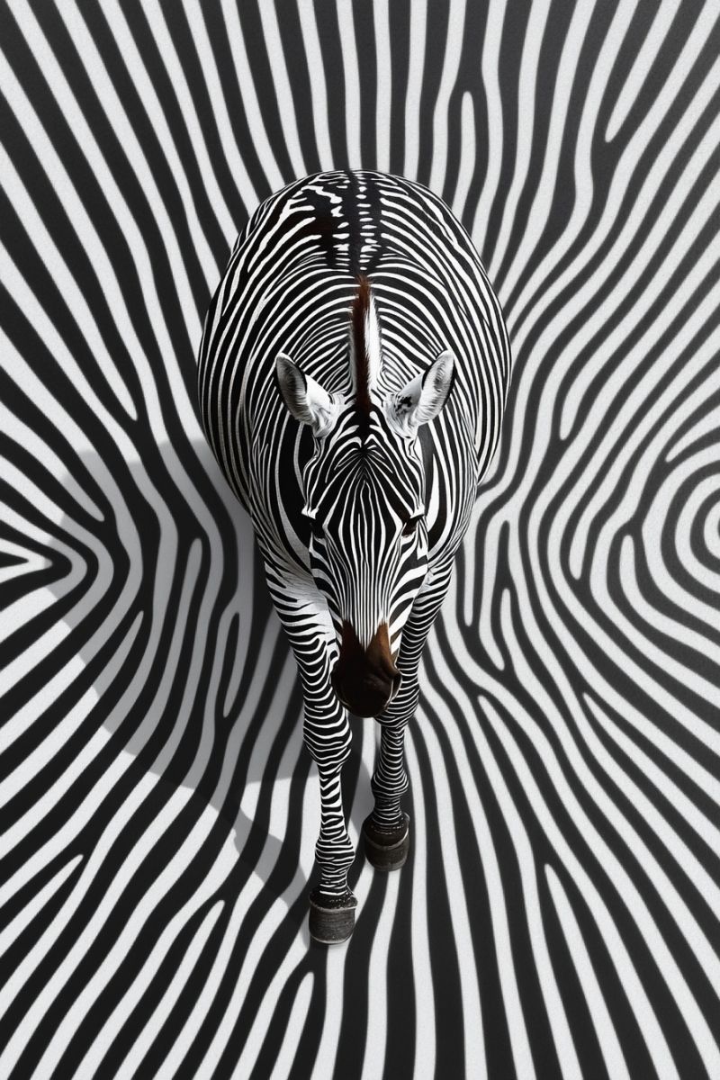 Chevreuil animaux faune raye yeux zoo symetrie circulaire animation statique L'image présente un zèbre debout devant un fond grisé et strié de bandes blanches, avec des cercles concentriques qui créent un effet d'illusion optique. Le zèbre est positionné à gauche du cadre, et il semblerait être en train de regarder vers la droite. Il s'agit d'une photographie claire et bien éclairée avec une forte contraste entre le zèbre et son environnement en raison du fond monochrome.