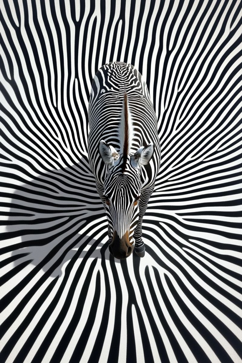 Cheval zebre anime illusion monochromatique eleve technique L'image est dominée par une photographie en noir et blanc saisissante. Le centre de la frame est occupé par un zèbre, son corps orné d'un motif fascinant alternant entre le noir et blanc. Le visage du zèbre est directement tourné vers la caméra, offrant une vue claire de ses caractéristiques distinctives. L'arrière-plan de l'image présente un contraste saisissant avec le zèbre, composé d'un fond noir solide. Un trait blanc puissant coupe à travers cette étendue, créant un effet visuel qui accentue le sentiment de profondeur et d'espace dans la photographie. Ce trait coupe l'image comme une ceinture, divisant-la en deux moitiés distinctes. La composition de la photographie est encore renforcée par son placement à l'intérieur d'une frame carrée supplémentaire. Le contraste entre le zèbre et ses environnements, combiné avec les éléments géométriques des lignes blanches, crée une oeuvre visuellement stimulante qui est à la fois simple dans ses éléments et complexe dans sa conception.
