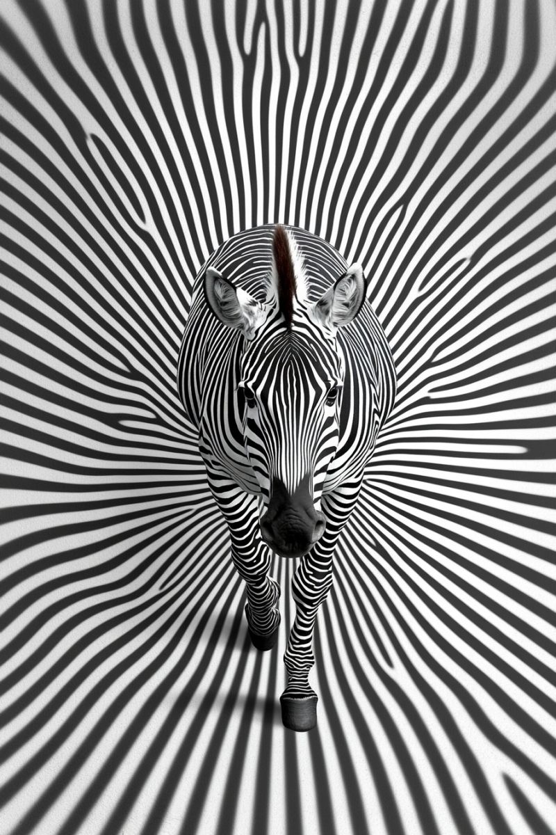 Zebre animal illusion optique monochrome correspond rayures Le résultat est obtenu à travers une technique connue sous le nom de perspective forçée ou trompe-l'oeil, qui joue des tours au regard du spectateur quant à la perception de l'espace et de la profondeur.
