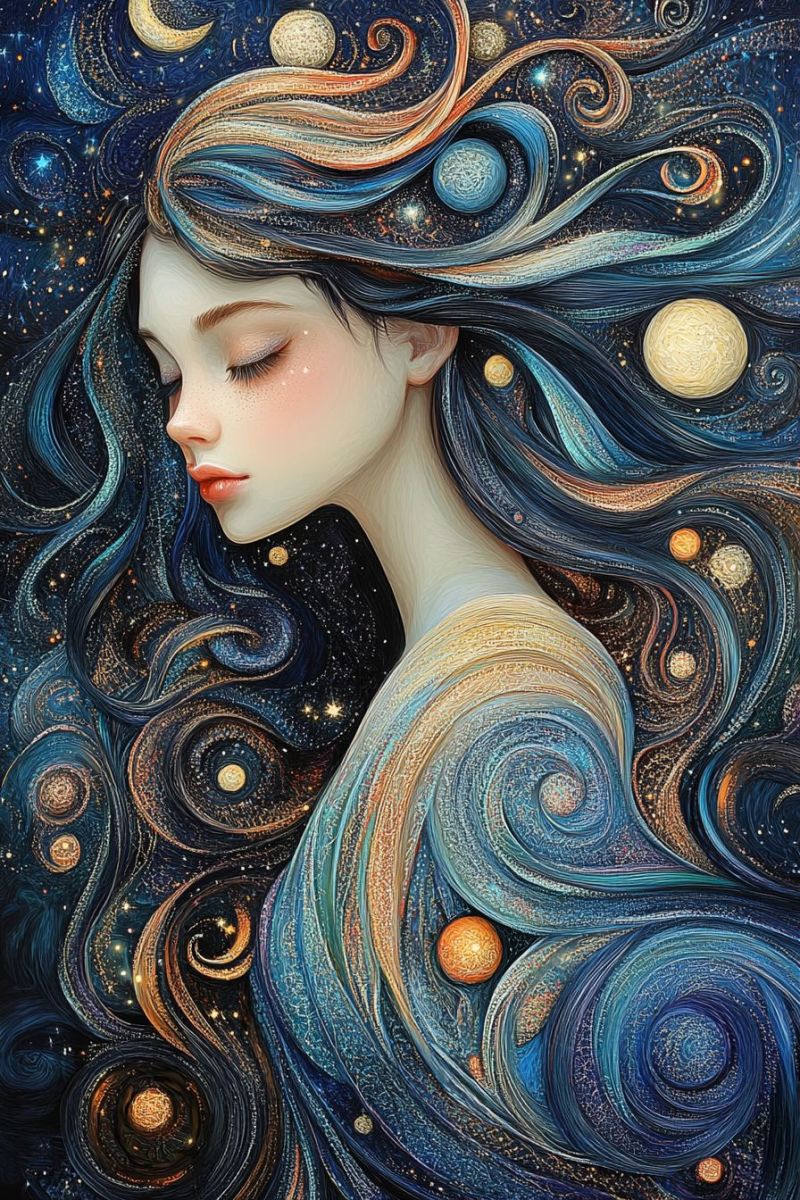 Feminin celestial spatiale planetes cheveux stylises cosmiques palette vibrantes fantastique autremondien L'image présente une illustration stylisée d'une personne aux cheveux longs et flottants. L'individu exprime un regard réfléchi et est orné de couleurs bleues et pourpres qui semblent émaner des cheveux et du visage, créant un sentiment de mystère ou de fantasy. Derrière la personne, il y a un fond détaillé représentant un motif galaxie spirale, ce qui ajoute un élément cosmique à l'oeuvre d'art. Les couleurs du fond sont prédominamment noires avec des nuances de bleu, de pourpre et quelques allusions à l'orange et au jaune. La composition globale de l'image suggère qu'elle pourrait être liée à des thèmes tels que l'espace, la fantasy ou la beauté.