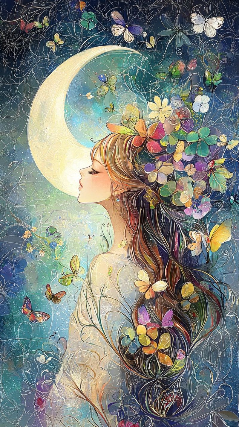 Ciel nocturne lunaire fantastique onirique feminin couronne fleurs papillon jeune femme cheveux magique oeuvre representant lune Une femme aux cheveux bruns longs et à la peau claire. Elle semble se trouver dans un environnement rêveur, éthéréal, entourée de divers éléments tels que des fleurs et des papillons. Le fond montre une nuit céleste remplie d'étoiles et de nébuleuses, avec la pleine lune visible au coin supérieur droit. La femme regarde vers le haut, vers la lune, comme si elle réfléchissait ou l'admirait. L'ambiance globale de l'image semble être un mélange de nature et de fantasy, créant un atmosphère calme et magique.