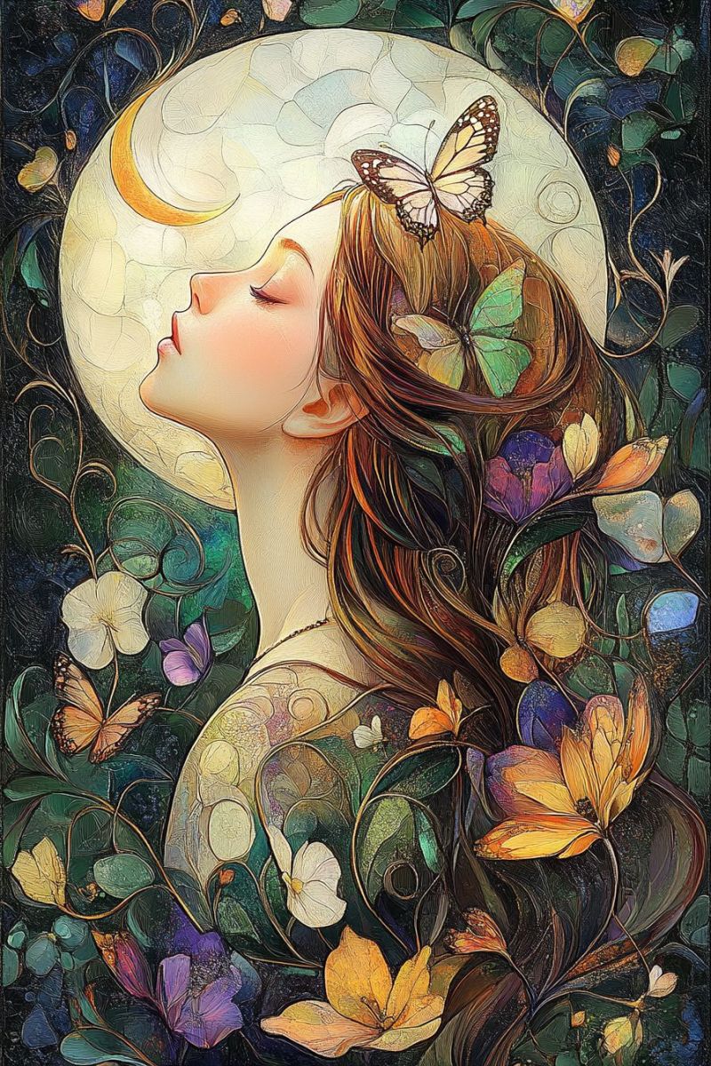 Fantasy figurine couronne papillon ciel lumineux lune floral feuillage visage feminin ferme yeux Une femme avec des cheveux rouges longs et enflammés, est dépeinte dans un style apaisant et artistique, caractérisé par l'utilisation de couleurs vives et de détails intriqués. Elle ferme les yeux, comme perdue dans une pensée ou savourant un moment de paix. Le visage apparaît calme et contenus. Elle porte une robe simple avec des motifs floraux, qui complète l'ambiance naturellement inspirée du fond. Le fond est composé d'une variété d'éléments botaniques tels que les feuilles, les fleurs et les vigne, créant un atmosphère luxuriante et étonnante comme dans un jardin. Des papillons sont également présents dans l'image, ajoutant à la sensibilité de tranquillité et de beauté naturelle. Le palette des couleurs est riche avec des verts, jaunes, pourpres et oranges qui dominent la scène. La lumière suggère soit le lever du soleil ou le coucher du soleil, car le ciel apparaît doux et flou. L'emplacement de la femme dans l'image la place au centre, ce qui attirer l'attention du regard vers son visage et son expression. La composition globale de l'image est équilibrée, avec la position de la figure par rapport aux éléments environnants créant une expérience visuelle harmonieuse. Il n'y a aucune texte ni marque reconnaissable visible dans l'image, ce qui suggère qu'elle peut être un artwork créé uniquement pour son valeur esthétique ou comme partie d'une série plus grande ou de projet.
