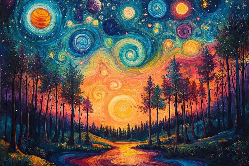 Ciel nocturne astrophotographie galaxie constellation soiree stellaire oeuvre forme cosmique peint foret crepuscul L'image est caractérisée par une oeuvre d'art vivante et colorée représentant un ciel nocturne avec plusieurs corps célestes, notamment ce qui ressemble à des planètes ou des étoiles. En dessous de cette scène cosmique, il y a un massif forestier rempli de grands arbres, et au centre de la scène, un corps d'eau ou un fleuve coule à travers le paysage. La vegetation dans le massif forestier présente des tons verts, indiquant qu'il s'agit probablement d'une image nocturne. Le style artistique semble mélanger éléments de fantasy et de science-fiction avec une représentation réaliste de la nature. Les couleurs sont riches et variées, avec des teintes dominantes de bleu, orange et jaune qui créent un effet atmosphérique et otherworldly.