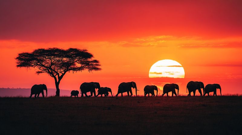 Elephants coucher soleil vie sauvage safari nature troupeau prairie arbre conservation migration lever animaux air mammiferes afrique ecosysteme Un troupeau d'éléphants marche en ligne sur une plaine herbeuse. Les éléphants sont en silhouette contre le fond d'un coucher de soleil vibrant. Le ciel est peint de teintes orange et rouge, avec le soleil se couchant au loin, projetant une lueur chaude sur la scène. Un grand arbre feuillu se dresse à gauche des éléphants, ajoutant à la beauté naturelle du paysage. Le sol est recouvert d'herbe courte et sèche, et l'atmosphère générale est sereine et majestueuse.