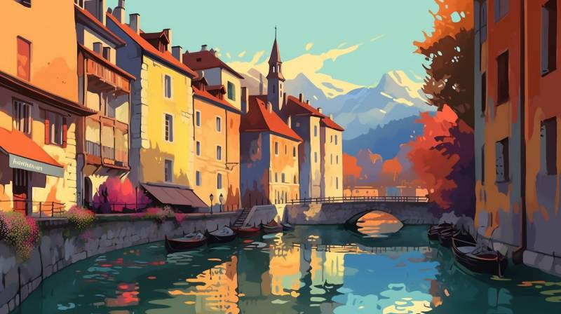 Illustration annecy town palais lile color surprennante image étonnante montrant l'état sauvage du rechauffement climatique sur la illustration annecy town palais lile color