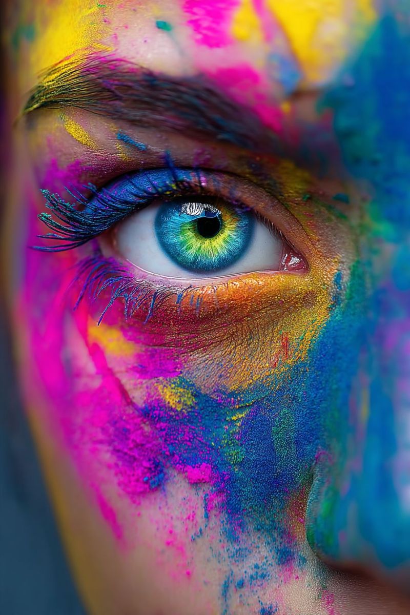 Oeil visage maquillage poudre beaute gros texture eclaboussure bavure creatif expression festif celebration festival Une vue rapprochée du visage d'une personne couvert de poudres vibrantes et multicolores. Les poudres sont dans des nuances de rose, bleu, jaune et vert, créant une apparence festive et artistique. L'oeil de la personne est en évidence, avec de longs cils foncés et une iris bleue saisissante qui se démarque sur le fond coloré. Les poudres sont dispersées sur le visage, avec certaines zones montrant des couleurs plus concentrées et d'autres se mélangeant en un mélange plus uniforme. L'effet global est celui d'une célébration ludique et d'une expression artistique