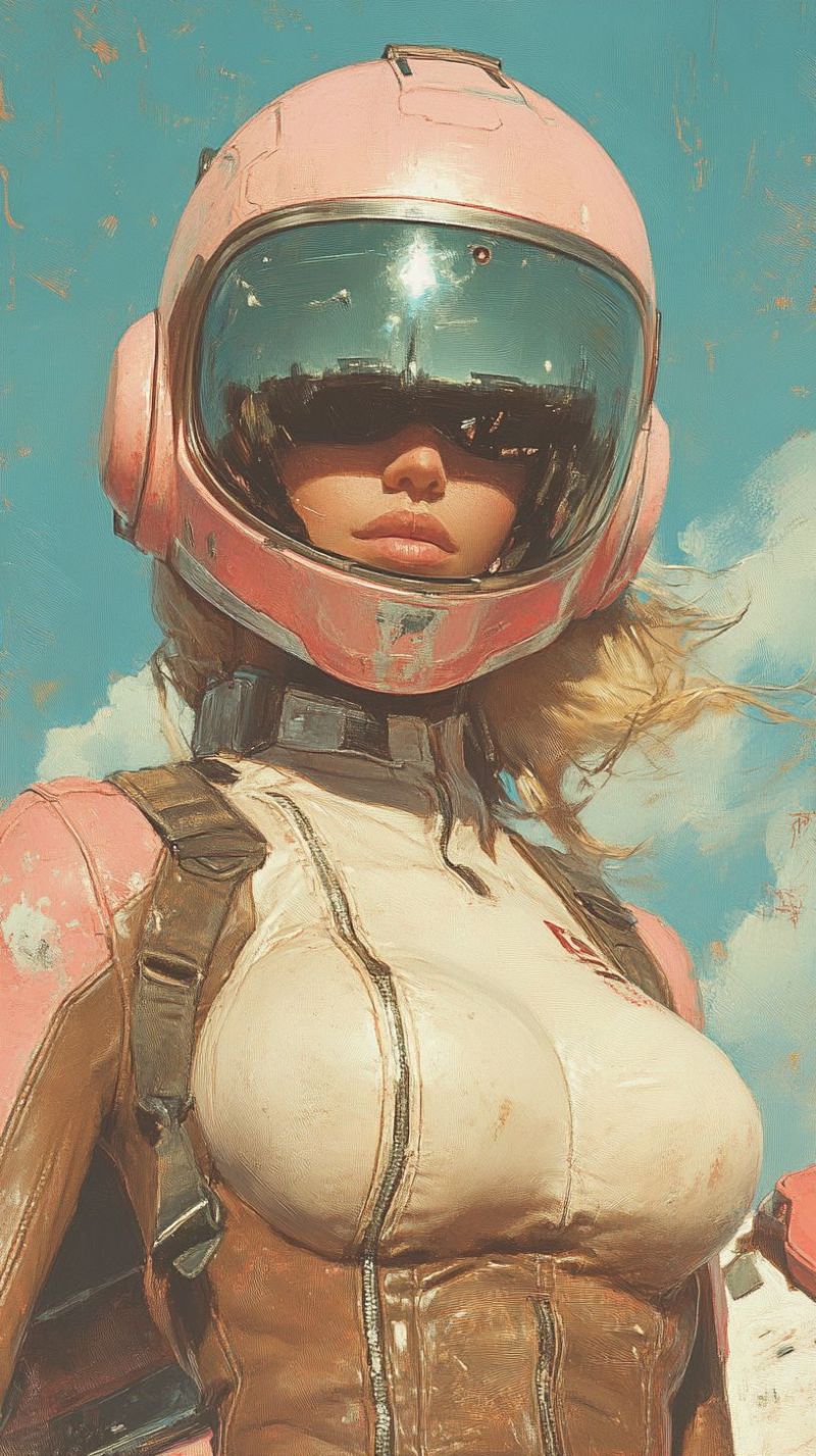 Astronaute feminine costume spatiale science fiction casque visor futuristes passe Une personne debout à l'extérieur avec un ciel clair en arrière-plan. Cette personne porte un casque rose et semble être un astronaute ou un personnage inspiré de l'exploration spatiale, compte tenu du style de l'outfit et le design du casque. Elle est vêtue d'un costume blanc avec une ceinture noire qui se rattache à son poitrine, ressemblant à une ceinture utilitaire couramment associée aux astronautes. Elle a des cheveux colorés de manière claire et ils sont stylisés de manière à suggérer qu'elle pourrait être une femme. L'impression globale est celle d'un personnage conçu pour un jeu vidéo ou une forme similaire de média, compte tenu de la nature stylisée de l'attitude et du casque.