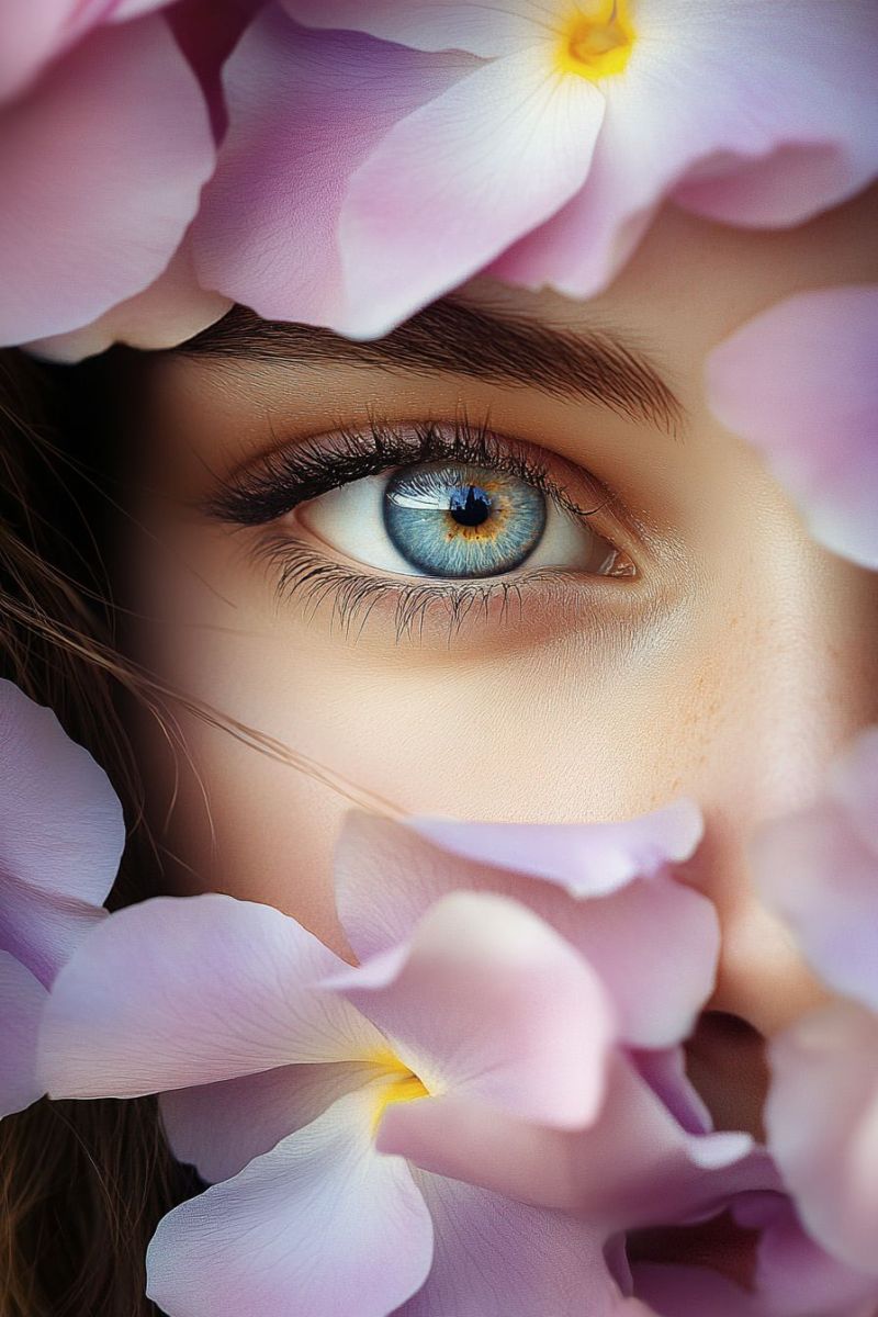 Fleur yeux beaute femme nature maquillage florale personnalise Un portrait de personne aux yeux bleus, partiellement caché par un bouquet de fleurs roses, avec le regard et une partie du visage en focus à travers les interstices de la disposition des fleurs. Des pétales blanches recouvrent la partie supérieure de l'image. Le fond est de couleur neutre et claire, sans distraire du sujet principal. L'image a un style artistique avec un profond plan de champ, mettant en avant le détail des fleurs et les yeux.