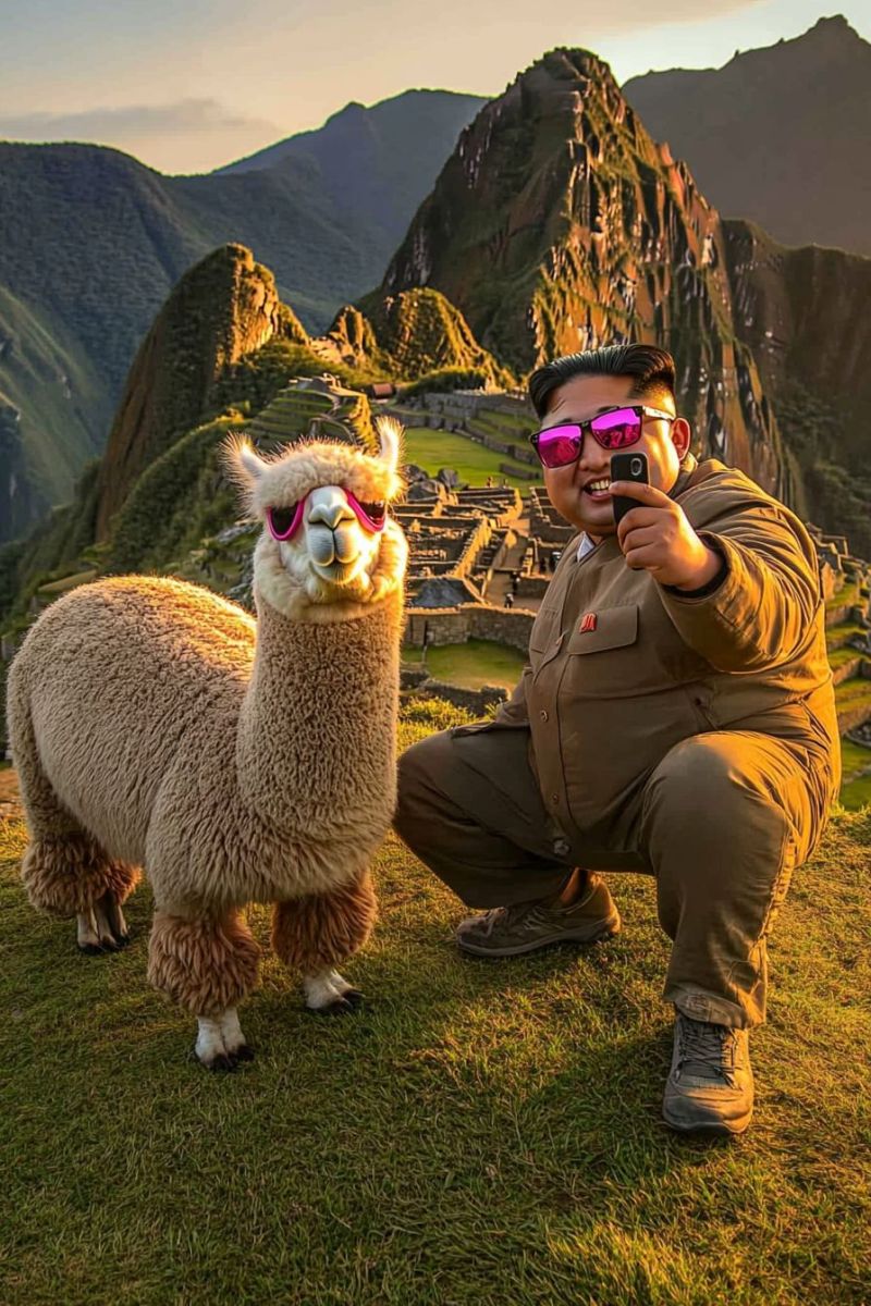 Lama touriste selfie hiking montagnisme voyage aventure montagne machu picchu perou vacances Une personne prend une selfie avec un lama. Le lama est plutôt large et se tient debout sur de la grasse dans le plan-fond. La personne tient levé son téléphone pour prendre la photo et porte des lunettes, un chapeau et un blazer brun. À derrière elle, il y a un paysage pittoresque de montagnes qui ressemblent à Machu Picchu, ce qui suggère que cette photo a été prise à ou près du célèbre site inca ancien situé au Pérou. L'atmosphère semble se dérouler pendant le lever ou le coucher du soleil, compte tenu de la lumière chaude et des ombres. Le paysage est riche en verdure et il y a quelques silhouettes de montagnes faibles à l'horizon. Il y a également une personne dans le plan-fond qui semble observer la scène ou attendre sa tour pour prendre une photo avec le lama.