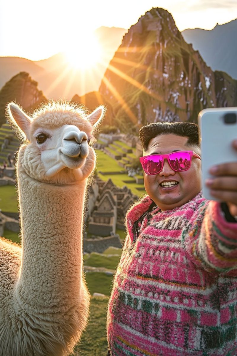 Lama tourisme voyageur selfie touriste camera telephone brillante coucher soleil ecran journee nature montagnes Il y a un homme debout devant un grand, lâvreux llama. L'homme prend une selfie avec le llama en utilisant son smartphone qu'il tient contre son visage. Il porte des lunettes de soleil et une chemise colorée drapée sur lui. Derrière eux, il y a un paysage pittoresque présentant une vallée montagneuse sous un ciel partiellement nuageux. La lumière suggère qu'il pourrait être le coucher ou la naissance du soleil étant donné les couleurs chaudes et les ombres projetées par les objets de la scène. Le llama apparaît calme et regarde vers la caméra.