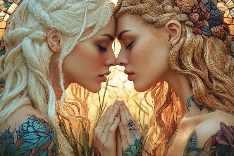 Fantaisiste creature mythique daigne elfique fantastique naturel interaction males stylisation nouveau Deux individus qui apparaissent comme des personnages de un récit fantastique, probablement inspirés par les franchises de fantasy populaires. Ils sont représentés d'une manière stylisée avec des cheveux détaillés et des tatouages, ce qui suggère une thématique de fantasy ou de mythologie. Le personnage à gauche a des cheveux blonds et porte une tête d'orchidée ou naturelle, tandis que le personnage à droite a les cheveux rouges et porte une conception similaire mais avec des motifs plus complexes. Les deux personnages regardent l'un l'autre intensément et sont placés très près l'un de l'autre, ce qui crée une atmosphère intime ou romante. Le fond suggère un paysage naturel avec verdure, et il y a une fenêtre ou une structure portale qui apporte la lumière au scène. L'atmosphère générale de l'image est calme et peut être romantique, indiquée par le positionnement et le regard des personnages.