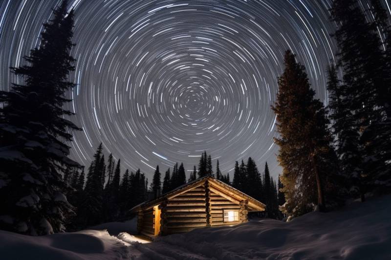 Astrophoto circular star trail cabin splendid view surprising showing the state of wild of global warming on la a circular star trail at night in winter above a nice cabin located in the middle of the woods