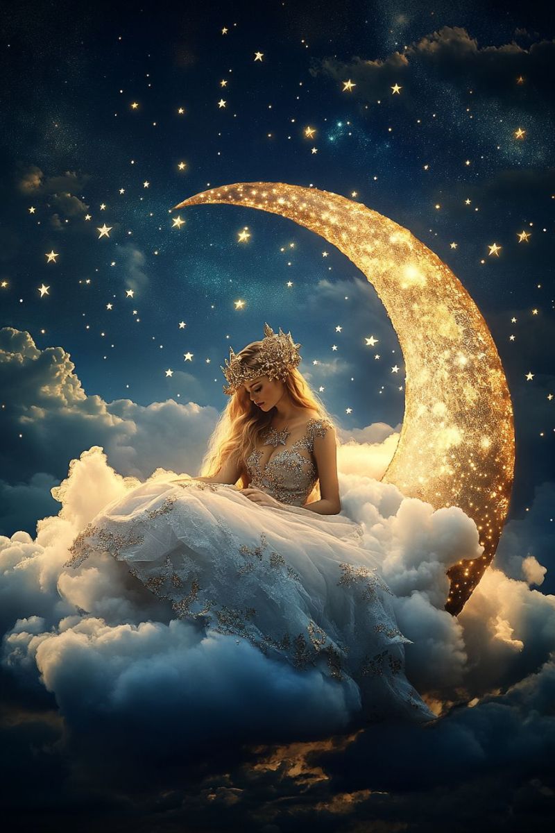 Fantasy science fiction sous lune reveur feminine nuages etoile angelique atmosphere etheree croissante Fantasy science fiction sous lune reveur feminine nuages etoile angelique atmosphere etheree croissante