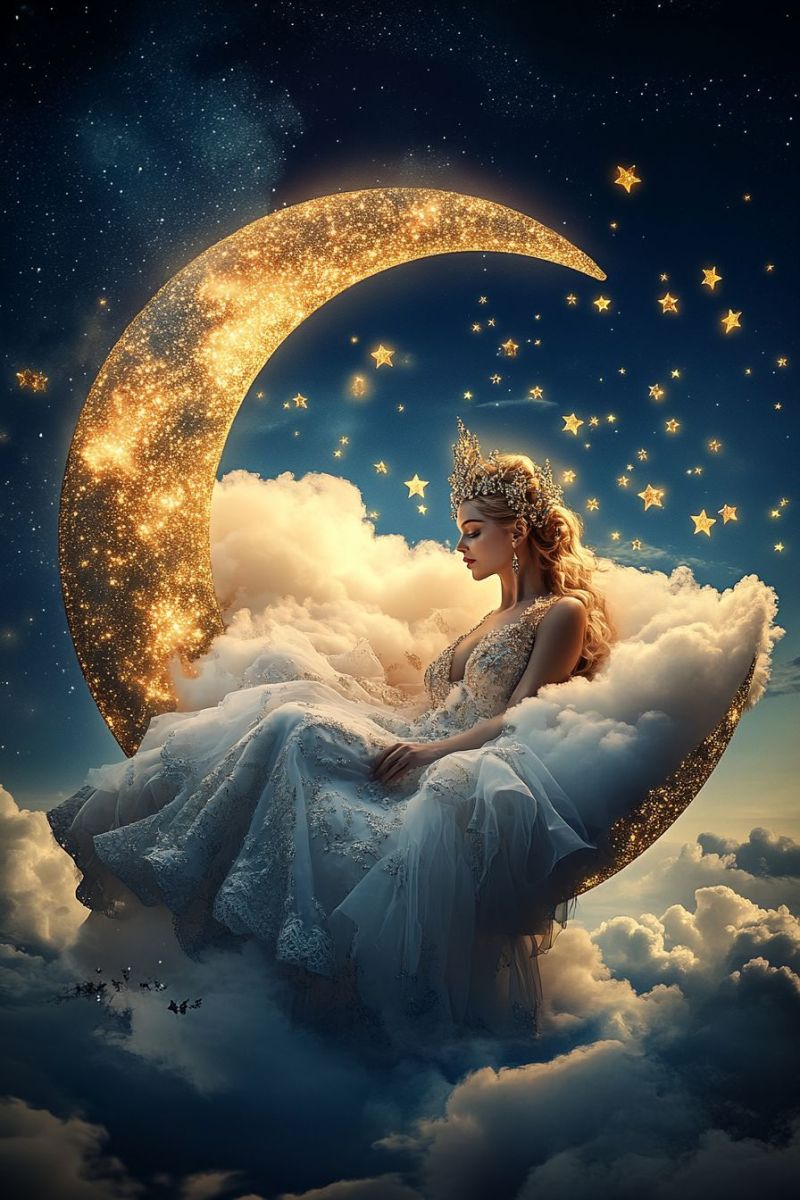 Fantaisie ciel eclaire lune celeste croissant figurine angelique feminin histoire fantastique composition onirique nuit etoilee imagina Fantaisie ciel eclaire lune celeste croissant figurine angelique feminin histoire fantastique composition onirique nuit etoilee imagina