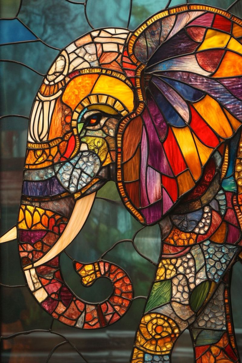 Verre elephant fenetre decoration artisanaux mosaique detaillee vivante multicolore animal incisors trompe oeil bouche oreille plumes aigle cadre piec La fenêtre en verre coloré représente un éléphant vif. L'éléphant est représenté de profil, avec ses grandes oreilles et son bec visible. Le corps est orné de diverses couleurs de verre coloré, créant une mosaicque de formes qui ajoutent à la complexité du dessin. Les éléments décoratifs tels que des motifs floraux et des courbes abstraites sont également représentés en verre coloré. L'oeuvre d'art a une apparence riche et texturée en raison de l'alternance de couleurs et de matériaux. Elle est encadrée dans une ouverture rectangulaire qui semble faire partie d'une structure plus grande, probablement un bâtiment avec des fenêtres.