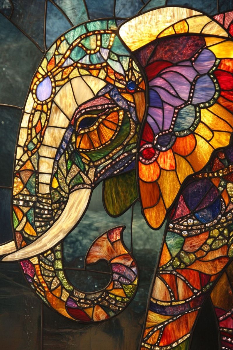Vitraille coloree elephant intricate artisanat decoratif fenetre animal papillon plumes nature faune verre decoration maison religieux symbole Un élephant aux verrières colorées vibrante. L'élephant est orné d'ornements complexes et de motifs détaillés, chacune des panneaux chargée de couleurs telles que les bleus, les vertes, les jaunes et le rouge, créant un effet multi-coloré. Le tronc de l'élephant est tourné vers l'en haut, pointant vers sa tête qui regarde directement le spectateur. Entourant l'élephant, il y a des éléments décoratifs supplémentaires qui ressemblent aux fleurs dans diverses couleurs. Au fond, il semble y avoir une ombre d'une muraille ou surface sombre, ce qui peut fournir un contraste avec les couleurs bronzées des verrières colorées. Le style de l'image est réaliste et détaillé, mettant en évidence la maîtrise d'art requise pour créer une telle oeuvre d'art.