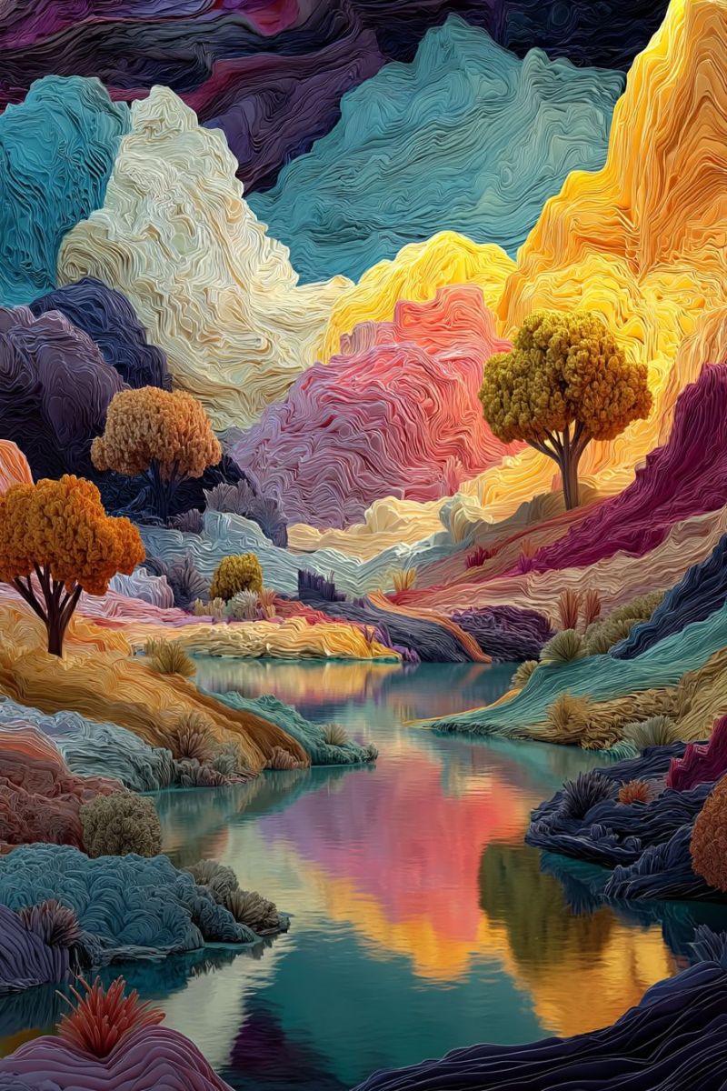 Nature eau reflet ciel montagnes arbres collines rochers plantes flore feuillage texture imagination creativite Paysage vibrant et surréaliste avec une rivière qui le traverse. La rivière est calme et reflète les couleurs du ciel et des collines environnantes. Les collines sont composées de couches texturées et colorées qui ressemblent à des tissus, avec des nuances de bleu, jaune, orange et rose. Il y a deux arbres sur le côté gauche de la rivière, leurs branches et feuilles sont détaillées de manière complexe. Le ciel au-dessus est un mélange de bleus et de violets, avec des touches de jaune et d'orange, créant une atmosphère onirique et irréelle. La scène dans son ensemble est riche en couleurs et en textures, lui donnant une qualité fantastique, presque onirique.