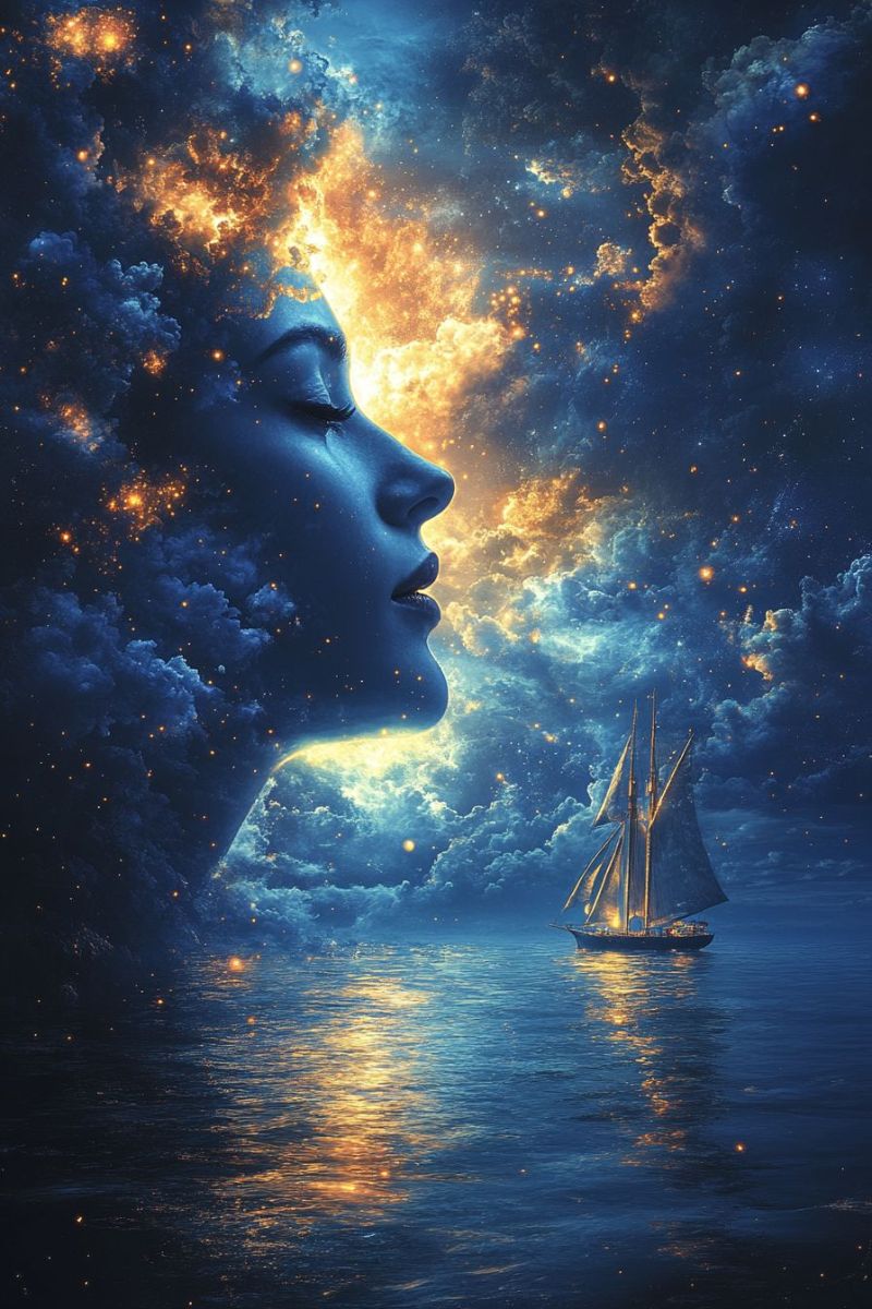 Fantasy astronomique feminin spatial cosmique imaginaire onirique soir etoile femme vide science fiction astrologique Personne regardant vers le ciel étoilé même si elle regarde toujours dans la même direction. Cette personne semble également fixer l'infini ou le haut, répétant posture de l'illustration représentée. La photo est prise à angle bas, mettant en avant le visage et les épaules supérieures du personnage individuel face à un ciel nocturne rempli d'étoiles, similaire à la partie gauche de l'illustration. Les deux côtés de l'image partagent une même thème de navigation ou de réflexion céleste, avec un élément maritim représenté par le bateau en bas à gauche. L'effet global est celui d'un équilibre entre les deux éléments, suggérant une connexion entre le monde illustré et l'inspiration du monde réel pour l'illustration.