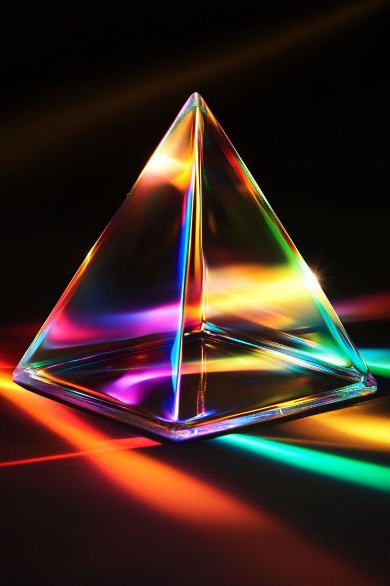 Crystallin prism refraction dispersion coloree affichage cristal arc ciel equipement experience scientifique optique Object à verre tridimensionnel avec des motifs complexes et une illumination colorée. Il semblerait être un oeuvre d'art abstraite, peut-être réalisée à l'aide d'un laser ou d'autres sources de lumière qui créent une gamme de couleurs sur sa surface. L'objet est présenté contre un fond sombre, ce qui souligne ses teintes vives. En raison de la complexité de cet objet et de l'information limitée fournie, il est difficile de fournir une description précise sans recourir à des analogies ou à des termes abstraits.