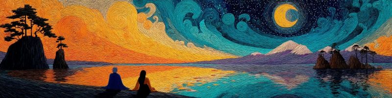 Nuit ciel etoiles lune lac eau reflet couple montagnes arbres rochers nuages coucher soleil soiree La peinture représente une scène sereine au bord d'un lac au coucher du soleil. Deux personnages, un homme et une femme, sont assis sur le rivage, face à l'eau. Le ciel est un mélange vibrant de teintes orange et jaunes tandis que le soleil se couche, passant à un ciel nocturne bleu profond rempli d'étoiles. Une lune croissante est bien visible, ajoutant une touche de magie à la scène. L'eau est calme, reflétant les couleurs du ciel et les silhouettes des arbres et des montagnes en arrière-plan. Les montagnes sont couvertes d'un léger brouillard, et il y a de petites îles avec des arbres dispersées à travers le lac. L'atmosphère générale est paisible et tranquille, avec les douces vagues du lac ajoutant un son apaisant à la scène.