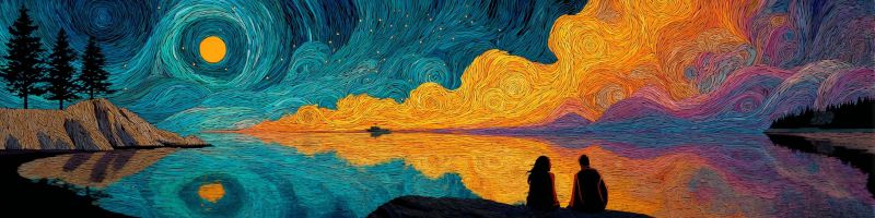 Nuit ciel lune lac eau reflet couple impressionnisme nocturne van gogh etoile Au premier plan, il y a deux silhouettes de personnes assises sur un rocher au bord de l'eau, face au lac serein. Le lac est calme, reflétant les couleurs vives du ciel. Le ciel est un mélange magnifique de bleus, de violets et de jaunes, avec des motifs tourbillonnants qui suggèrent le mouvement. Une lune jaune brillante est bien visible, entourée d'un halo de lumière. Au-dessus de l'horizon, il y a des arbres et la silhouette d'une chaîne de montagnes. La scène globale est paisible et remplie de la beauté d'une nuit étoilée.