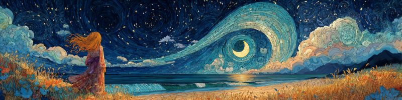 Nuit ciel nuages lune mer ocean eau vagues plage herbe fleurs fantaisie etoile croissant Dans le tableau, une femme aux cheveux rouges ondulant se tient sur un champ d'herbe près du bord de mer. Elle regarde vers le ciel nocturne, rempli d'étoiles et d'un croissant de lune. Le ciel est d'un bleu profond, avec des motifs tourbillonnants qui ressemblent à des vagues. La lune est positionnée au centre d'un motif en spirale, entourée de nuages. La mer est calme, reflétant le ciel nocturne, et les vagues viennent doucement lécher le rivage. Le champ est parsemé de fleurs sauvages, ajoutant une touche de couleur à la scène.