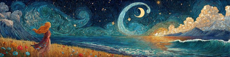 Nuit ciel etoiles lune nuages eau vagues ocean impressionnisme cauchemar reve fantaisie onirique soiree coucher soleil van gogh Dans le tableau, une femme aux cheveux rouges ondulés se tient sur un champ d'herbe près de l'océan, contemplant le ciel nocturne. Le ciel est rempli de motifs tourbillonnants d'étoiles et d'un croissant de lune. Les vagues de l'océan se brisent doucement contre le rivage, reflétant les couleurs du ciel. Au loin, les montagnes sont en silhouette contre l'horizon, et le ciel passe des bleus profonds de la nuit aux teintes chaudes de l'aube. La scène est remplie de fleurs vibrantes au premier plan, ajoutant une touche de couleur au paysage.