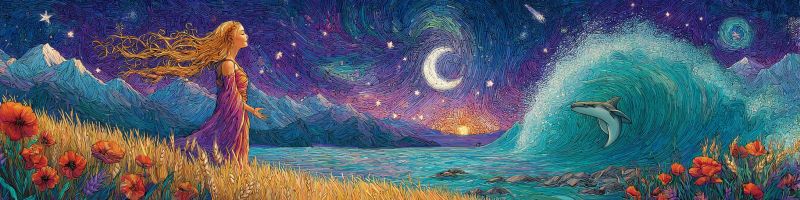 Fantaisie nuit ocean vague dauphin fille montagne fleurs etoiles lune coucher soleil ciel eau nuages nature Dans le tableau, une femme aux longs cheveux flottants se tient dans un champ d'herbe haute, sa robe flottant dans la brise. Elle regarde vers l'océan où un dauphin saute hors des vagues. L'océan est calme avec une grande vague en arrière-plan. Le ciel est d'un violet profond, parsemé d'étoiles et d'un croissant de lune. Des montagnes sont visibles au loin, et l'horizon est peint avec une chaude lueur de coucher de soleil. Le premier plan et l'arrière-plan sont remplis de fleurs rouges vibrantes.