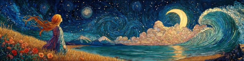Nuit fille eau vague lune etoiles nuages fleurs montagnes mer ciel ocean reve fantaisie Au premier plan, une jeune fille aux longs cheveux rouges ondulant se tient sur un champ d'herbe, regardant vers l'horizon. Elle porte une longue robe fluide qui ondule doucement dans la brise. À sa gauche, un éventail vibrant de fleurs, dont des coquelicots rouges, ajoute des touches de couleur au paysage. Le ciel au-dessus est un mélange captivant de bleus et de violets profonds, parsemé de nombreuses étoiles et d'une lune croissante qui répand une douce lueur. La lune est entourée d'un délicat motif tourbillonnant de nuages. En arrière-plan, un corps d'eau serein s'étend, avec de douces vagues roulant vers le rivage. L'horizon lointain présente une silhouette de montagnes sous un ciel étoilé, créant une scène tranquille et magique.