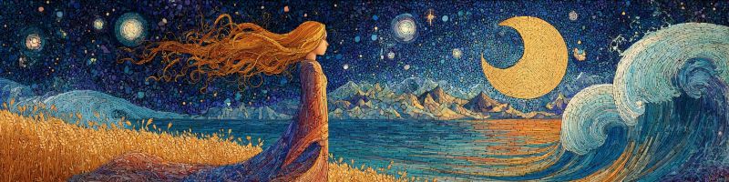Nuit femme mer ocean vagues montagnes etoiles lune croissant ciel herbe champ eau reflet obscurite fantaisie Une femme aux cheveux longs et flottants se tient dans un champ d'herbe haute sous un ciel nocturne. Ses cheveux sont emportés par le vent, et elle regarde vers l'horizon. Le ciel est rempli d'étoiles, et un grand croissant de lune lumineux est visible. La mer est calme, avec de douces vagues léchant le rivage. Au loin, il y a des montagnes aux sommets enneigés. Toute la scène est peinte dans un style vibrant et coloré, avec un mélange de tons chauds et froids.