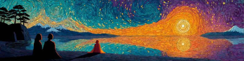 Lac reflet montagnes mosaique nuit ciel etoile Au premier plan, deux personnes sont assises sur le rivage d'un lac serein, face à l'eau. Une personne porte un manteau sombre, tandis que l'autre est vêtue d'une robe rouge vif. Le ciel au-dessus est une mosaïque vibrante de couleurs, passant des bleus et violets profonds aux oranges et jaunes chauds, ressemblant à un coucher ou lever de soleil. Des étoiles sont dispersées dans le ciel, ajoutant au thème céleste. En arrière-plan, il y a des montagnes et des arbres, avec la silhouette d'un sommet de montagne visible sur le côté droit. L'eau reflète les couleurs du ciel, créant un effet de miroir.