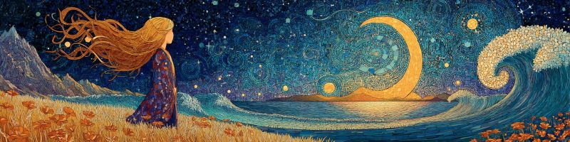 Nuit ciel etoiles lune vagues ocean femme robe fleurs montagnes mer reve fantaisie cheveux Une femme aux cheveux longs et flottants se tient sur un champ d'herbe sous un ciel nocturne. Ses cheveux sont emportés par le vent, et elle regarde vers l'horizon. Le ciel est rempli d'étoiles et d'un grand croissant de lune lumineux. Les vagues de l'océan se brisent sur le rivage, et il y a une silhouette de chaîne de montagnes au loin. La scène est éclairée par la douce lueur de la lune et des étoiles, créant une atmosphère paisible et sereine.