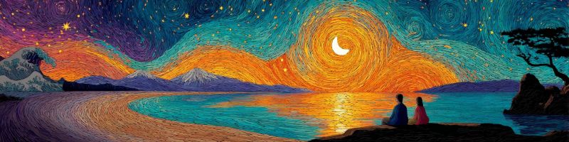Nuit ciel etoiles lune eau plage couple coucher soleil ocean vagues montagnes arbres reflet horizon Au premier plan, deux personnes sont assises sur un rocher au bord de l'eau, face au coucher de soleil. Le ciel est un mélange vibrant de teintes orange, rose et violet, avec un croissant de lune et des étoiles dispersées. L'eau est calme, reflétant les couleurs du ciel. À gauche, il y a la silhouette d'une vague, et au loin, des montagnes et un arbre sont visibles. La peinture a un effet texturé de coups de pinceau, lui donnant une apparence dynamique et vivante.