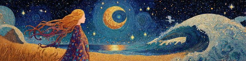 Plage celeste nuages cosmique cosmologie creativite onirique soiree fantaisie fille cheveux imagination mosaique nuit ocean etoile Une femme aux cheveux longs et flottants se tient sur une plage la nuit. Ses cheveux sont emportés par le vent, et elle regarde vers l'océan. L'océan est représenté par une grande vague, et l'eau est d'un bleu foncé. Le ciel est rempli d'étoiles, et il y a un croissant de lune dans le ciel. La plage est sablonneuse, et il y a une petite colline en arrière-plan. La scène générale est paisible et sereine.