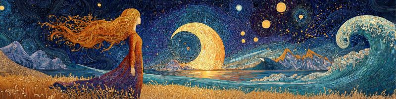 Nuit femme lune etoiles eau vagues montagnes ciel nuages herbe fleurs obscurite mosaique onirique Dans le tableau, une femme aux longs cheveux flottants se tient dans un champ sous un ciel nocturne rempli d'étoiles et d'une lune croissante. Ses cheveux sont emportés par le vent, et elle porte une longue robe fluide. Le ciel est d'un bleu profond, parsemé d'étoiles et d'une lune croissante. En arrière-plan, il y a une grande vague dans l'océan, et des montagnes sont visibles au loin. Le tableau a une texture en mosaïque, lui donnant un aspect unique et artistique.
