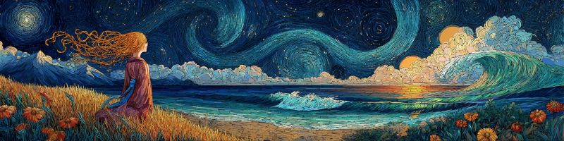 Nuit ciel etoiles nuages ocean vagues plage fleurs fille fantaisie reve imagination inspiration creativite beaute nature Dans le tableau, une femme aux longs cheveux fluides se tient sur un champ d'herbe près de l'océan. Elle est vêtue d'une longue robe fluide et regarde la mer. L'océan est calme, avec une grande vague approchant du rivage. Le ciel est d'un bleu profond, avec des étoiles et un croissant de lune visibles. L'arrière-plan présente une chaîne de montagnes, et le ciel est rempli de nuages. Le tableau a une qualité onirique et surréaliste, avec les couleurs se mélangeant de manière douce et éthérée.
