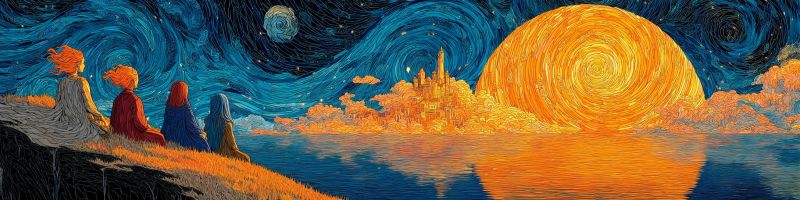 Nuit ciel lune etoiles eau reflet nuages arbres chateau montagnes horizon impressionnisme van gogh Dans le tableau, trois personnages sont assis sur le bord herbé d'une berge de rivière sous un ciel nocturne. Le ciel est peint de bleus et de violets tourbillonnants, parsemé d'étoiles et d'une grande lune brillante. La lune est représentée avec une teinte orange radieuse, presque ardente, projetant une lueur chaude sur la scène. La berge est reflétée dans l'eau, d'un bleu profond, miroir du ciel et de la lune. En arrière-plan, il y a une silhouette de château ou de forteresse, avec ses tours s'élevant vers le ciel. L'atmosphère générale est sereine et mystique, les personnages semblant être en contemplation ou en méditation.